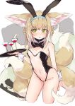  1girl absurdres alternate_costume animal_ears arknights blonde_hair blush breasts commentary_request fennec_fox green_eyes highleg highleg_leotard highres leotard long_hair multiple_tails open_mouth rabbit_ears see-through see-through_leotard sleeve_cuffs small_breasts solo suzuran_(arknights) tail thighs white_background yakurope-moko 