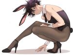  1boy alternate_costume animal_ears bangs bare_shoulders black_bow black_footwear black_hair black_legwear black_leotard black_necktie bow crossdressing detached_collar full_body fushiguro_megumi green_eyes hair_between_eyes high_heels highres jujutsu_kaisen leotard looking_at_viewer m167cm male_focus male_playboy_bunny necktie outstretched_leg pantyhose parted_lips rabbit_ears rabbit_tail shadow short_hair simple_background solo spiked_hair squatting strapless strapless_leotard symbol-only_commentary tail white_background wrist_cuffs 