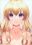  1girl backlighting bangs blonde_hair blush breasts closed_mouth collarbone eyebrows_visible_through_hair face hair_between_eyes highres kaede_(mmkeyy) light_smile long_hair looking_at_viewer maribel_hearn no_hat no_headwear nude purple_eyes simple_background solo touhou upper_body white_background 