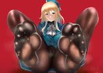  1girl absurdres ascot atago_(kancolle) bar_censor beret black_gloves black_legwear blonde_hair blue_headwear breasts censored close-up feet foot_focus foreshortening gloves green_eyes hat highres kantai_collection large_breasts long_hair looking_at_viewer military military_uniform pantyhose red_background sidelocks simple_background smile soles solo toes uniform user_cjju7355 white_ascot 
