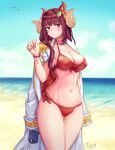  1girl azur_lane bangs bare_shoulders beach bikini bird blue_sky blunt_bangs blush bracelet breasts brown_hair cleavage cloud collarbone covered_nipples curled_horns eyebrows_visible_through_hair filin floral_print flower hair_flower hair_ornament horns jacket jacket_on_shoulders jewelry large_breasts long_hair looking_at_viewer midriff navel ocean purple_eyes red_bikini red_flower sand seagull sidelocks signature sky solo standing stomach suruga_(azur_lane) swimsuit thighs 