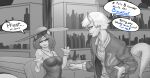  absurd_res aleksi arima_(anaid) bar cinkoji clothing cyclops dialogue duo female greyscale hat headgear headwear hi_res horn humanoid jewelry long_tail male male/female monochrome necklace tailclops_(race) tailclops_(species) 
