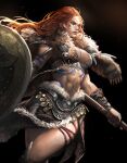  1girl abs arm_tattoo barbarian bear_paws blood blood_on_face bodypaint bracer braid breasts brown_fur cleavage holding holding_weapon large_breasts long_hair navel original red_hair shield skirt solo tattoo thighs toned warrior weapon white_fur yeonjun_park 