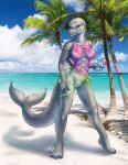  3_toes 5_fingers anthro beach breasts brown_eyes caribou_(artist) cetacean clothed clothing day delphinoid detailed_background feet female fingers grey_body grey_skin mammal marine outside sand seaside shoreline sky smile toes toothed_whale water 