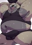  2022 absurd_res anthro balls_outline belly big_belly black_nose bodily_fluids bulge canid canine canis clothed clothing domestic_dog erection erection_under_clothing genital_outline hi_res kemono male mammal moobs nipples overweight overweight_male penis_outline solo sweat tongue tongue_out uokkom 