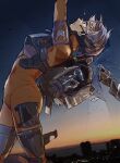  1girl airborne apex_legends bodysuit broken_glass brown_eyes city damaged glass grey_hair headset highres jetpack leaning_back looking_up orange_bodysuit photo_background sky solo sunset surprised valkyrie_(apex_legends) wano_(azayakam) 