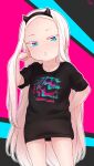  1girl black_background black_horns black_shirt blue_background blue_eyes born-to-die child closed_mouth fake_horns forehead highres horns long_hair looking_at_viewer multicolored_background original red_background shirt short_sleeves solo standing t-shirt thighs very_long_hair white_hair 