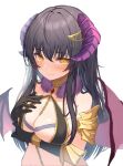  1girl absurdres bangs bare_shoulders black_gloves black_hair blush breasts chain chain_between_breasts cleavage closed_mouth commentary_request crossed_bangs curled_horns demon_girl demon_horns demon_wings elbow_gloves eyebrows_visible_through_hair fur_collar gloves gold_trim hair_between_eyes hair_over_breasts highres horns kei8987 large_breasts long_bangs long_hair looking_at_viewer original revealing_clothes sidelocks simple_background smile solo upper_body white_background wings yellow_eyes 