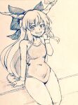  1girl alternate_costume arm_support bangs bare_legs bow breasts collarbone commentary_request covered_navel d-m_(dii_emu) eyebrows_visible_through_hair eyelashes greyscale grin hair_bow horns ibuki_suika long_hair looking_at_viewer monochrome one-piece_swimsuit oni_horns open_mouth sitting sketch smile swimsuit tied_hair touhou traditional_media v very_long_hair 
