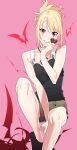  1girl black_shirt blonde_hair brown_shorts candy chocolate food heart heart-shaped_chocolate henken highres holding holding_chocolate holding_food looking_at_viewer original parted_lips pink_background ponytail red_eyes shirt short_hair shorts sienna_(henken) simple_background sitting sleeveless sleeveless_shirt smile solo valentine 