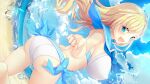  1girl :d aqua_eyes artist_request ass back bangs beach bikini blonde_hair blue_sailor_collar blue_sky breasts cloud covered_nipples day fang fisheye hajilove_(making_lovers) highres horizon huge_breasts looking_at_viewer looking_back nail_polish official_art open_mouth outdoors sailor_collar second-party_source sideboob sky smile solo swimsuit trefoil twisted_torso water_drop white_bikini 
