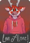  &lt;3 absurd_res anthro antlers blep blood blue_eyes blush blushing_profusely bodily_fluids bubblepup capreoline cervid clothed clothing comic cover cover_art cover_page digital_media_(artwork) ear_blush english_text eyewear fur ginger_fur glasses hi_res horn looking_at_viewer male mammal nosebleed red_body red_fur reindeer shy simple_background snoot solo sweater text tongue tongue_out topwear white_body white_fur 
