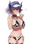  1girl 360_(taiyo360) :t absurdres animal_ears animal_print arknights bell bikini black_collar breasts cleavage collar commentary_request cow_ears cow_print cowbell cowboy_shot hands_up highres horns large_breasts looking_at_viewer navel neck_bell orange_eyes ponytail pout purple_hair side-tie_bikini sideroca_(arknights) simple_background solo stomach swimsuit underboob visor_cap white_background 