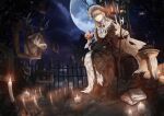  1girl animal_head arknights blonde_hair candle candlestand cloud fence gothic_lolita hachiware_(kagisippo2) highres horns lantern lolita_fashion long_hair long_skirt moon moose night night_sky nightingale_(arknights) skirt skull sky solo staff tagme tree very_long_hair 