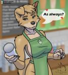  angel_(lady_and_the_tramp) anthro apron blackfreeman canid canine canis clothing container cup disney disposable_cup domestic_dog female grey_eyes hair hi_res lady_and_the_tramp mammal pen short_hair solo 