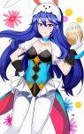  1girl absurdres animal_ears animal_hat blue_eyes blue_hair blush_stickers breasts bunny_hat choker cleavage collarbone easter_egg egg fake_animal_ears fire_emblem fire_emblem_awakening fire_emblem_heroes frilled_choker frills gloves gold_trim hat highres kgctcg leotard lucina_(fire_emblem) lucina_(spring)_(fire_emblem) microskirt pantyhose puffy_short_sleeves puffy_sleeves rabbit_ears see-through short_sleeves skirt small_breasts smile solo underbust white_legwear 