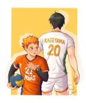  2boys ainudraws bangs black_hair blonde_hair blush brown_eyes haikyuu!! highres hinata_shouyou holding kageyama_tobio looking_at_viewer male_focus multiple_boys open_mouth orange_eyes orange_hair shirt short_hair simple_background solo sportswear twitter_username upper_body volleyball volleyball_uniform 