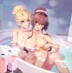  2girls bathroom bathtub blonde_hair blue_background blue_eyes breasts brown_hair cherry_blossoms convenient_censoring cup drinking_glass highres himeyamato iowa_(kancolle) kantai_collection large_breasts long_hair multiple_girls nude partially_submerged red_eyes rubber_duck star-shaped_pupils star_(symbol) steam symbol-shaped_pupils table tile_wall tiles yamato_(kancolle) yuri 