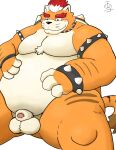  2022 anthro balls belly big_belly blush bowser censored felid feline genitals hi_res kemono male mammal mario_bros meowser moobs nintendo orange_body overweight overweight_male panthera7uncia penis sitting solo video_games 