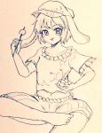  1girl :t animal_ears barefoot breasts cabbie_hat commentary_request crossed_legs d-m_(dii_emu) dango eating eyebrows_visible_through_hair eyelashes flat_cap floppy_ears food greyscale hat holding holding_food monochrome moon_rabbit rabbit_ears ringo_(touhou) shirt short_sleeves shorts sketch small_breasts striped striped_shorts toes touhou traditional_media wagashi 