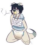  2015 ambiguous_gender anthro archived_source clothed clothing diaper digital_drawing_(artwork) digital_media_(artwork) dipstick_ears dipstick_tail english_text feces fur gally_(monsterbunny) hair infantilism markings messy_diaper monsterbunny multicolored_ears pacifier scat shirt sign signature simple_background sitting soiled_diaper soiling solo speech_bubble tail_markings text topwear 