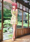  1990s_(style) 1girl arms_behind_back bangs barefoot character_name day doorway dress expressionless floral_print fujisaki_shiori full_body garden hairband kokura_masashi logo long_hair non-web_source photo_background pink_eyes pink_hair retro_artstyle solo standing sundress tokimeki_memorial yellow_hairband 