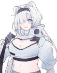  1girl animal_ears arknights aurora_(arknights) bangs bear_ears black_gloves black_hairband blue_eyes breasts cleavage commentary_request crop_top gloves hair_over_one_eye hairband high_collar jacket large_breasts long_hair long_sleeves midriff silver_hair simple_background solo stomach upper_body very_long_hair white_background white_jacket yaoyuandehuanxiangting 