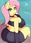  anthro anthrofied athom big_breasts big_butt breasts bubble_gum butt collar equid equine fluttershy_(mlp) friendship_is_magic furgonomics furry-specific_piercing hair hi_res looking_at_viewer looking_back looking_back_at_viewer mammal my_little_pony piercing pink_hair sitting 