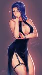  1girl alternate_costume arcane:_league_of_legends arcane_caitlyn black_dress blue_eyes blue_hair blush bracelet breasts caitlyn_(league_of_legends) center_opening character_name cleavage dress earrings garter_straps halter_dress halterneck highres hoop_earrings iahfy jewelry large_breasts league_of_legends long_dress long_hair looking_at_viewer naughty_face necklace no_bra o-ring pelvic_curtain side_slit sleeveless sleeveless_dress solo standing thick_thighs thigh_strap thighs 
