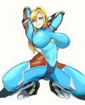  1girl adapted_costume armlet armored_boots arms_behind_head arms_up blonde_hair blue_bodysuit blue_eyes bodysuit boots breasts covered_navel full_body highres impossible_bodysuit impossible_clothes kkun88 large_breasts long_hair metroid mole mole_under_mouth ponytail sagging_breasts samus_aran skin_tight solo spread_legs squatting taimanin_(series) taimanin_suit vambraces white_background zero_suit 