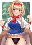  1boy 1girl absurdres alice_margatroid black_panties blonde_hair blue_eyes blush breasts clothes_lift commentary_request hairband highres lifted_by_another navel open_mouth panties ramie_(ramie541) red_hairband shiny shiny_skin skirt skirt_lift string_panties thighs touhou underwear 