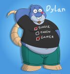  2022 anthro belly big_belly blue_background blue_body blush bottomwear clothing clouddabat dylan_(the_human_heart) eulipotyphlan eyes_closed eyewear glasses hi_res male mammal mole_(animal) overweight overweight_male pants red_nose shirt simple_background solo text text_on_clothing text_on_shirt text_on_topwear the_human_heart_(game) topwear video_games visual_novel 