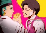  2boys beehive_hairdo black_hair brothers daniel_j._d&#039;arby earrings facial_hair facial_mark food green_hair headband jewelry jojo_no_kimyou_na_bouken male_focus multiple_boys mustache necktie pizza red_eyes saliva saliva_trail siblings stardust_crusaders tattoo terence_t._d&#039;arby tianel_ent vest 