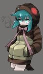  1girl aqua_eyes aqua_hair bangs bow closed_mouth cropped_legs forked_tongue grey_background hair_between_eyes hands_in_pockets highres hood hood_up hoodie kemono_friends pink_bow short_hair simple_background snake snake_tail striped striped_hoodie tail tirarizun tongue tsuchinoko_(kemono_friends) 