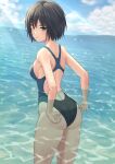  1girl adjusting_clothes adjusting_swimsuit amagami black_eyes black_hair black_swimsuit blue_sky bob_cut botan_m cloud commentary_request commission competition_swimsuit day from_behind highres horizon looking_at_viewer nanasaki_ai ocean one-piece_swimsuit outdoors short_hair sky solo standing swimsuit water 