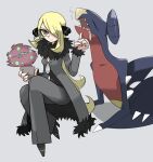  1girl bangs black_dress black_footwear blonde_hair breasts brown_eyes closed_eyes cynthia_(pokemon) dress fur-trimmed_dress fur_trim garchomp grey_background hair_ornament hair_over_one_eye highres holding invisible_chair long_hair long_sleeves pokemon pokemon_(game) pokemon_dppt saliva simple_background sitting sleeping small_breasts smile tirarizun 