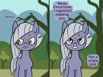  2_panel_comic angry blush clenched_teeth confusion dead_tree dialogue earth_pony equid equine female feral friendship_is_magic frown fur green_eyes grey_hair hair happy_harvey hasbro hi_res hill hillside horse inner_ear_fluff invalid_tag limestone_pie_(mlp) looking_aside looking_at_viewer mammal mountain mountain_range my_little_pony phone_drawing plant pony purple_body purple_fur scrunchy_face solo teeth tree tuft vein vein_bulge 