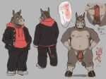  2022 anthro asinus balls belly bottomwear clothing donkey equid equine erection gamma-g genitals hi_res hoodie humanoid_genitalia humanoid_hands humanoid_penis japanese_text kemono male mammal model_sheet moobs nipples overweight overweight_male pants penis solo text topwear 