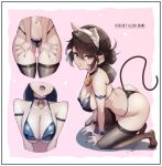  1girl \||/ absurdres aelion_draws animal_ears ass ass_visible_through_thighs bare_shoulders black_bra black_choker black_legwear black_panties blue_eyes border bow bow_panties bra breasts brown_hair cat_ears cat_tail choker covered_nipples english_commentary fake_animal_ears fake_tail frilled_cuffs full_body halterneck heart highres looking_away medium_hair midriff multiple_views navel open_mouth original panties pantyhose parted_lips patreon_username pink_bow shiny shiny_clothes signature solo sparkle string_panties tail teeth thighhighs thighs underwear upper_teeth white_border wrist_cuffs 