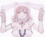  1girl animal_ears animal_hood bare_shoulders black_leotard breasts brown_hair bunny_hood cleavage commentary_request danganronpa_(series) danganronpa_2:_goodbye_despair detached_collar fake_animal_ears galaga hands_up highres hood large_breasts leotard looking_up medium_hair mole mole_on_breast nanami_chiaki neck_ribbon nokoru_sora official_alternate_costume pink_ribbon playboy_bunny rabbit_ears revision ribbon sketch solo strapless strapless_leotard teeth two-tone_leotard upper_teeth white_leotard 