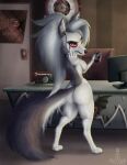  2021 anthro breasts butt canid canid_demon cellphone demon female fur gesture grey_body grey_fur hellhound helluva_boss hi_res loona_(helluva_boss) mammal middle_finger nipples nude phone rear_view red_sclera solo ukon_vasara white_body white_fur 