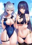  2girls ass_visible_through_thighs bangs bare_shoulders beach bikini black_bikini black_gloves blue_bow blue_eyes blue_sky blue_swimsuit blunt_bangs blush bound bound_together bound_wrists bow breasts bronya_zaychik brown_legwear candy casual_one-piece_swimsuit cleavage cleavage_cutout closed_mouth clothing_cutout cloud commentary_request covered_navel cowboy_shot crossed_bangs cuffs day drill_hair eyebrows_visible_through_hair food food_in_mouth front-tie_bikini front-tie_top gloves grey_eyes grey_hair groin hair_between_eyes hair_bow hair_ribbon half_gloves hand_on_own_chest hands_up heart_cutout highres honkai_(series) honkai_impact_3rd hood hooded_jacket horizon jacket large_breasts lollipop long_hair looking_at_viewer multi-strapped_bikini multicolored_eyes multiple_girls navel ocean one-piece_swimsuit open_clothes open_jacket outdoors ponytail purple_eyes purple_hair raiden_mei raised_eyebrows reaching_out ribbon short_sleeves side-by-side side-tie_bikini skindentation sky smile sparkle standing stomach swimsuit thigh_gap thigh_strap thighhighs underboob unzipped very_long_hair white_jacket white_ribbon xfate yellow_bow zipper zipper_pull_tab 