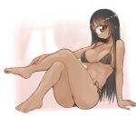  1girl arm_support bare_arms bare_legs bare_shoulders barefoot bikini black_bikini black_hair blush breasts brown_eyes closed_mouth crossed_legs cyclops full_body gulp5959 highres large_breasts long_hair looking_at_viewer one-eyed original side-tie_bikini sitting sketch smile solo swimsuit toes 