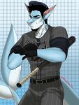  anthro baseball_bat baseball_uniform bat_(object) belt big_tail blue_body bodily_fluids clothed clothing facial_hair fish forearms fully_clothed gills gloves goddamnitrobin handwear hi_res male marine muscular muscular_male shark solo sportswear sweat uniform xoc_onda 