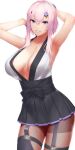  1girl armpits arms_up bangs black_legwear black_skirt blue_eyes blush breasts character_request cleavage commentary commentary_request copyright_request cowboy_shot garter_straps hair_ornament kageshio_(276006) large_breasts looking_at_viewer medium_hair parted_lips pink_hair simple_background skirt smile solo thighhighs white_background 