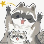  2022 black_eyes black_nose chibi dot_eyes duo feral grey_body mammal one_eye_closed paws procyonid raccoon size_difference tongue tongue_out white_body wink yencatx 