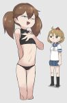  2girls bandaid bandaid_on_cheek bandaid_on_face bangs bikini black_bikini black_legwear blue_skirt brown_eyes brown_hair closed_mouth crab crab_on_head cropped_legs fang grey_background highres kantai_collection light_brown_hair long_hair multiple_girls oboro_(kancolle) one_eye_closed open_mouth pleated_skirt ryuujou_(kancolle) sailor_collar school_uniform serafuku short_hair simple_background skirt standing swimsuit tirarizun twintails 