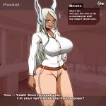  animal_humanoid big_breasts breasts clothed clothing dark_body dark_skin dialogue english_text female hair humanoid lagomorph lagomorph_humanoid leporid_humanoid mammal mammal_humanoid miruko my_hero_academia normi rabbit_humanoid red_eyes text white_hair 