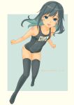  1girl absurdres alternate_costume asashio_(jmsdf) asashio_(kancolle) black_hair black_legwear blue_background blue_eyes blue_swimsuit border breasts collarbone covered_navel eyebrows_visible_through_hair full_body hair_between_eyes highres kantai_collection long_hair looking_at_viewer name_tag old_school_swimsuit one-piece_swimsuit open_mouth pot-de school_swimsuit small_breasts smile solo swimsuit thighhighs twitter_username white_border 