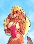  allanel anthro big_breasts blonde_hair breasts clothing female fur gift hair hi_res smile solo swimwear 